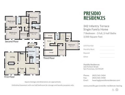 A floor plan for a Presidio Residences single family home with 7 bedrooms and 3.5 bathrooms.
